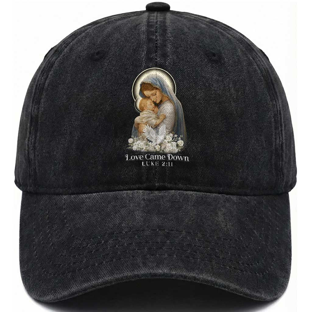 Christian Christmas Washed Cotton Baseball Cap Love Came Down Luke 2:11 TS14 Washed Cap Universal Fit Black Print Your Wear