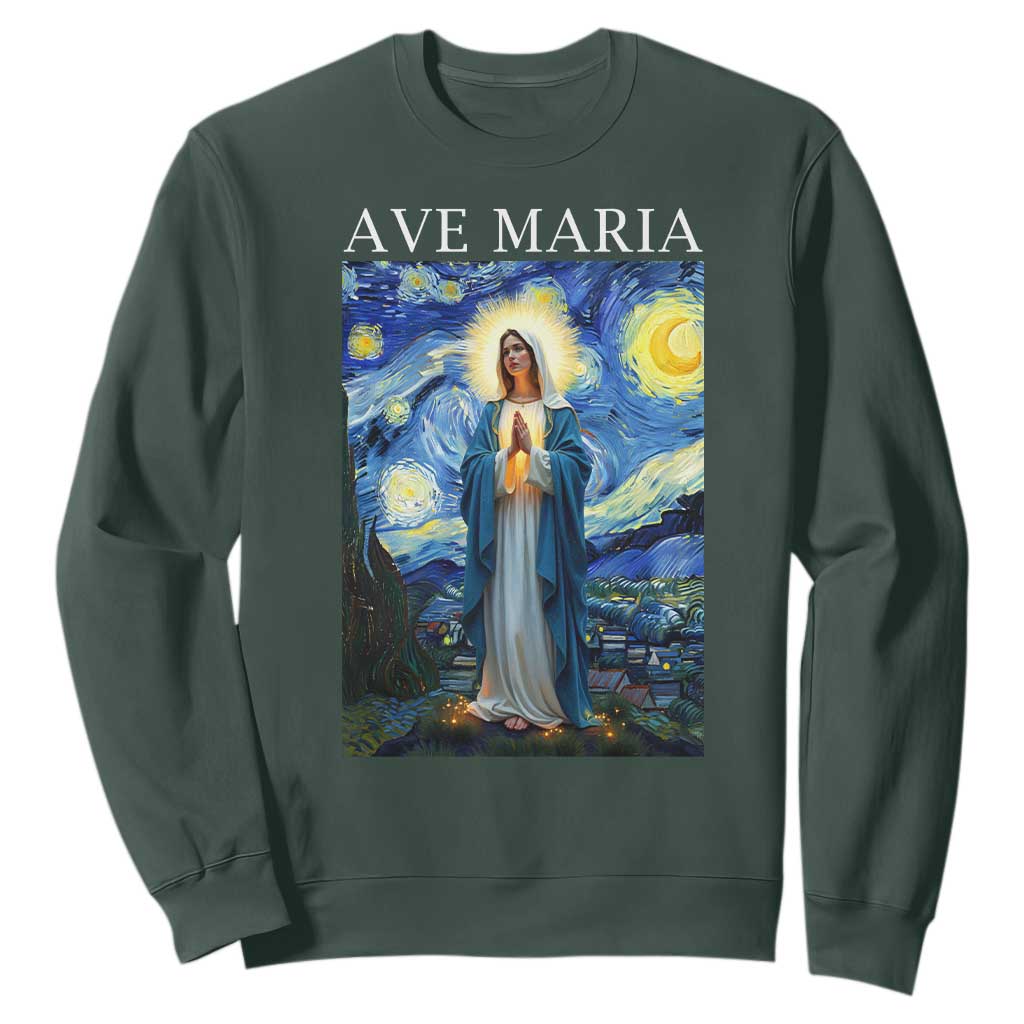 Virgin Mary Starry Night Sweatshirt Mother of Christ Catholic TS14 Dark Forest Green Print Your Wear