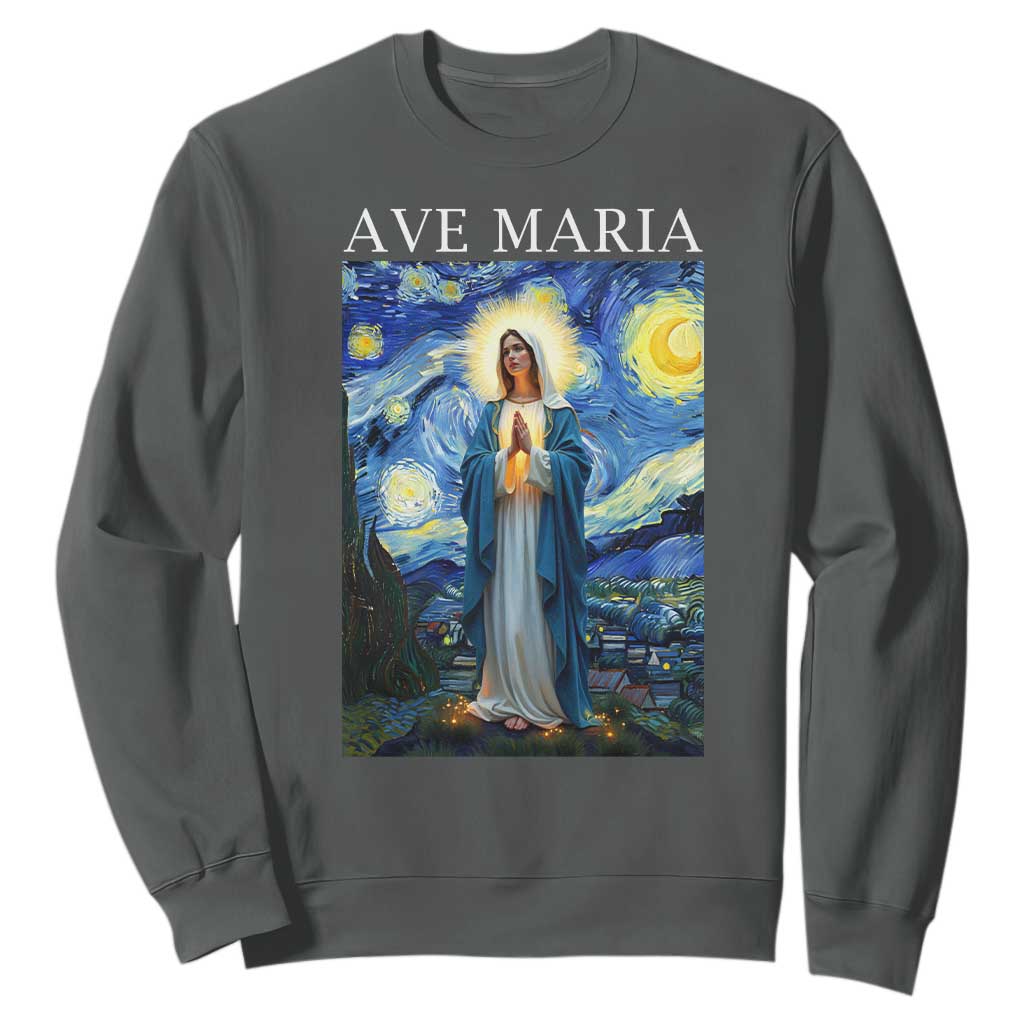 Virgin Mary Starry Night Sweatshirt Mother of Christ Catholic TS14 Dark Heather Print Your Wear