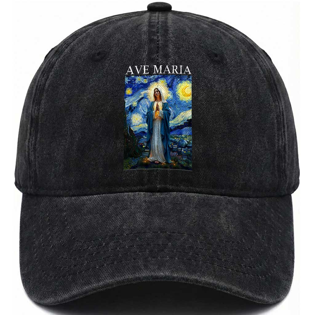 Virgin Mary Starry Night Washed Cotton Baseball Cap Mother of Christ Catholic TS14 Washed Cap Universal Fit Black Print Your Wear