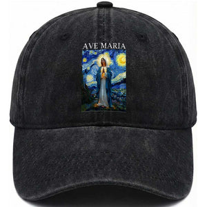 Virgin Mary Starry Night Washed Cotton Baseball Cap Mother of Christ Catholic TS14 Washed Cap Universal Fit Black Print Your Wear