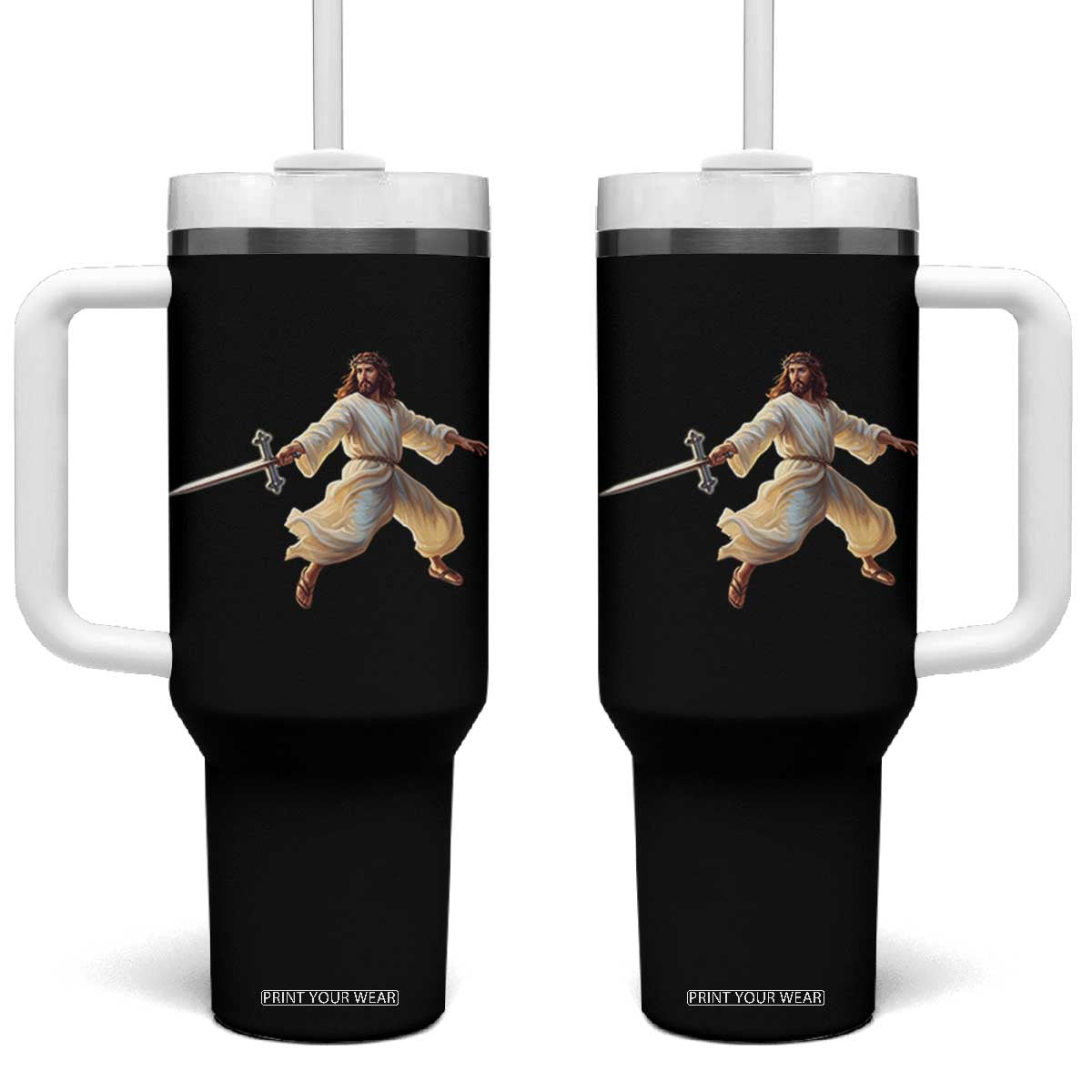 Funny Fencing Jesus Tumbler With Handle Combat Sport Christan Lover TS14 One Size: 40 oz Black Print Your Wear