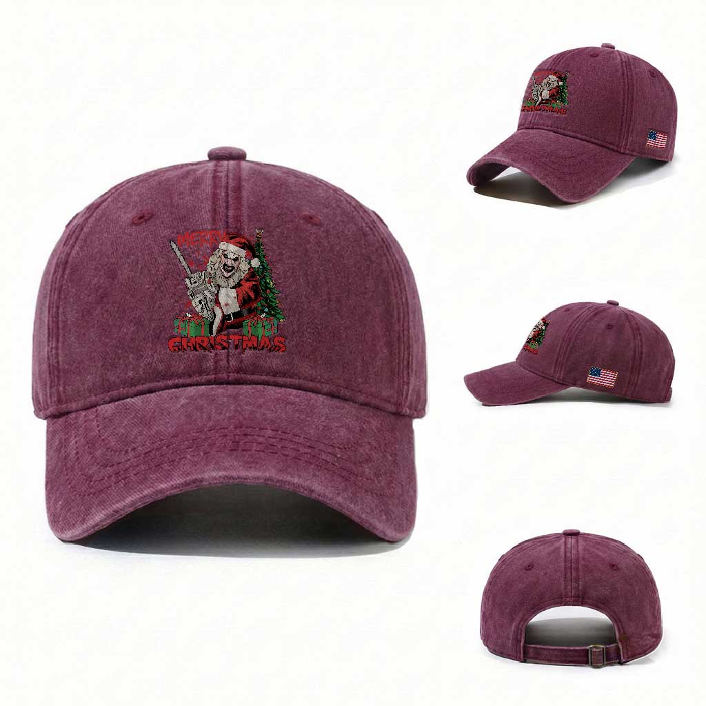 Terrifier Santa Christmas Horror Movie Washed Cotton Baseball Cap TS14 Washed Cap Universal Fit Burgundy Print Your Wear