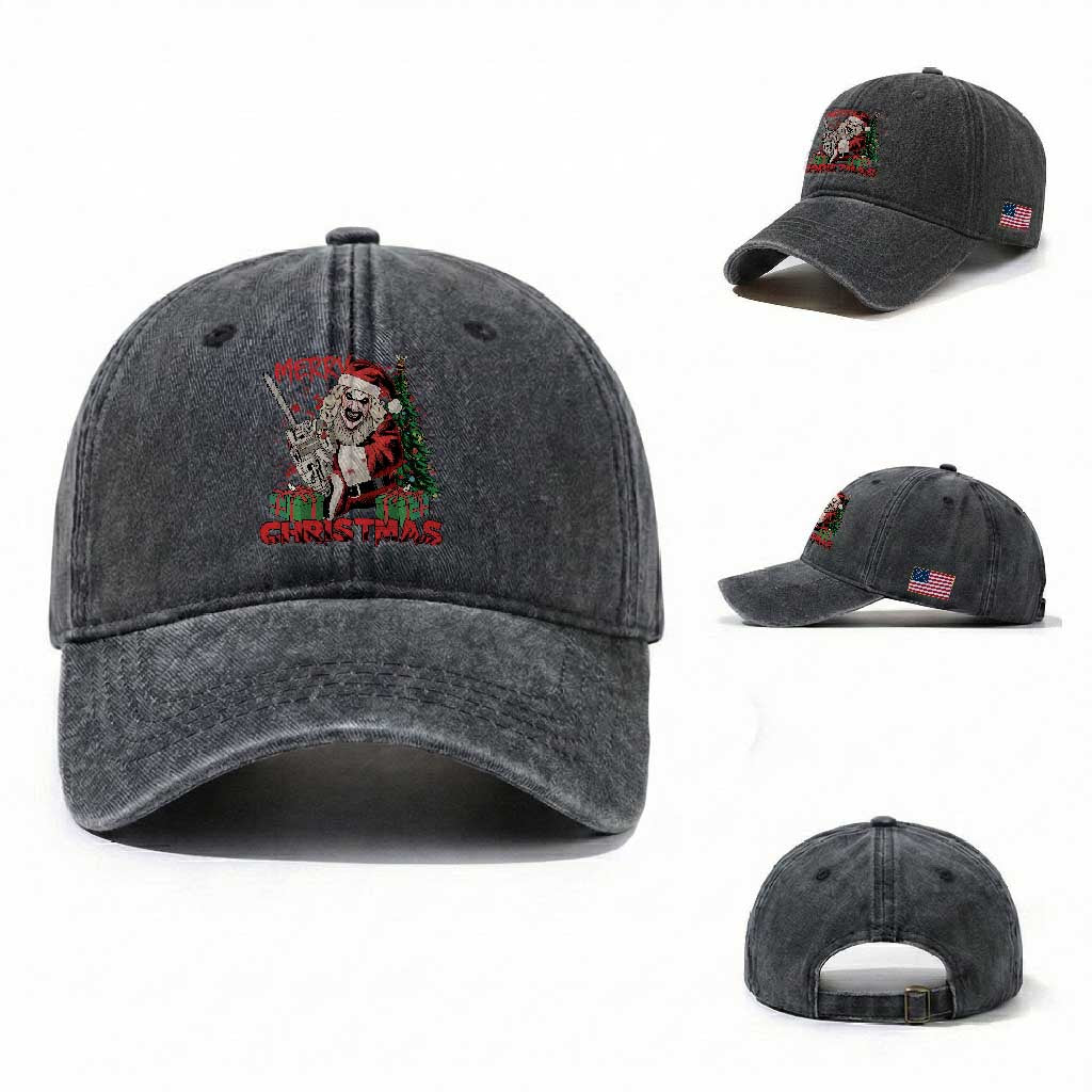 Terrifier Santa Christmas Horror Movie Washed Cotton Baseball Cap TS14 Washed Cap Universal Fit Dark Gray Print Your Wear