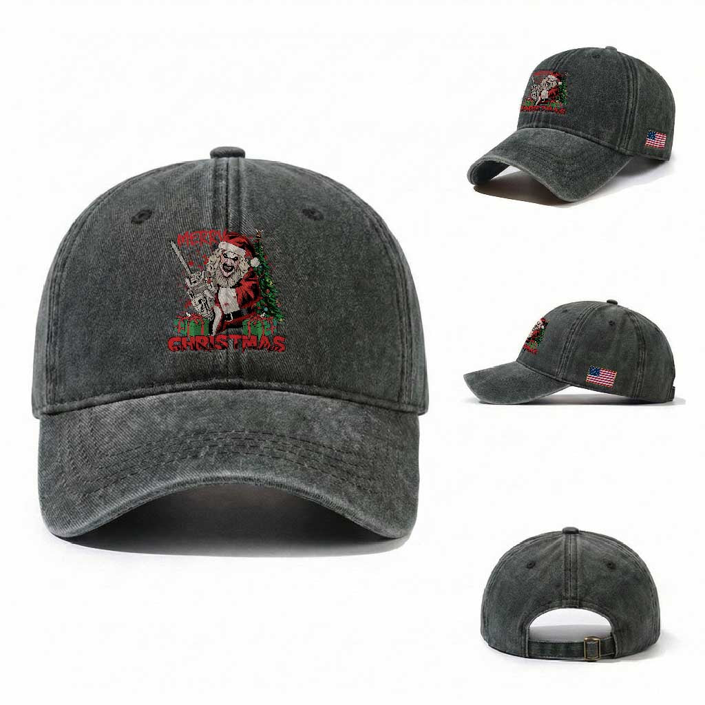 Terrifier Santa Christmas Horror Movie Washed Cotton Baseball Cap TS14 Washed Cap Universal Fit Dark Green Print Your Wear