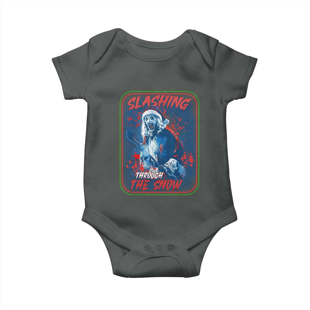 Terrifier Santa Christmas Baby Onesie Slashing Through The Snow TS14 Dark Heather Print Your Wear