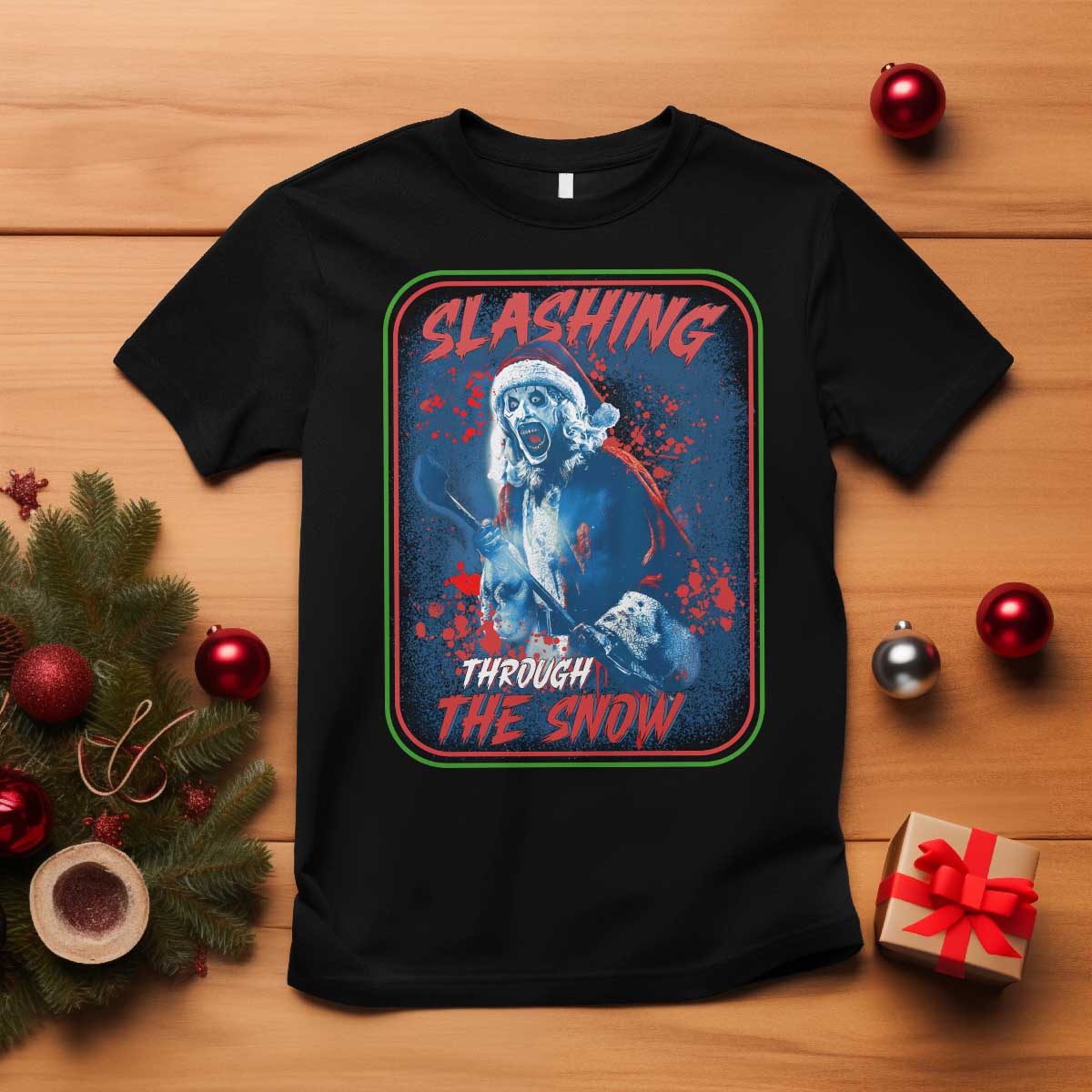 Terrifier Santa Christmas T Shirt Slashing Through The Snow TS14 Black Print Your Wear