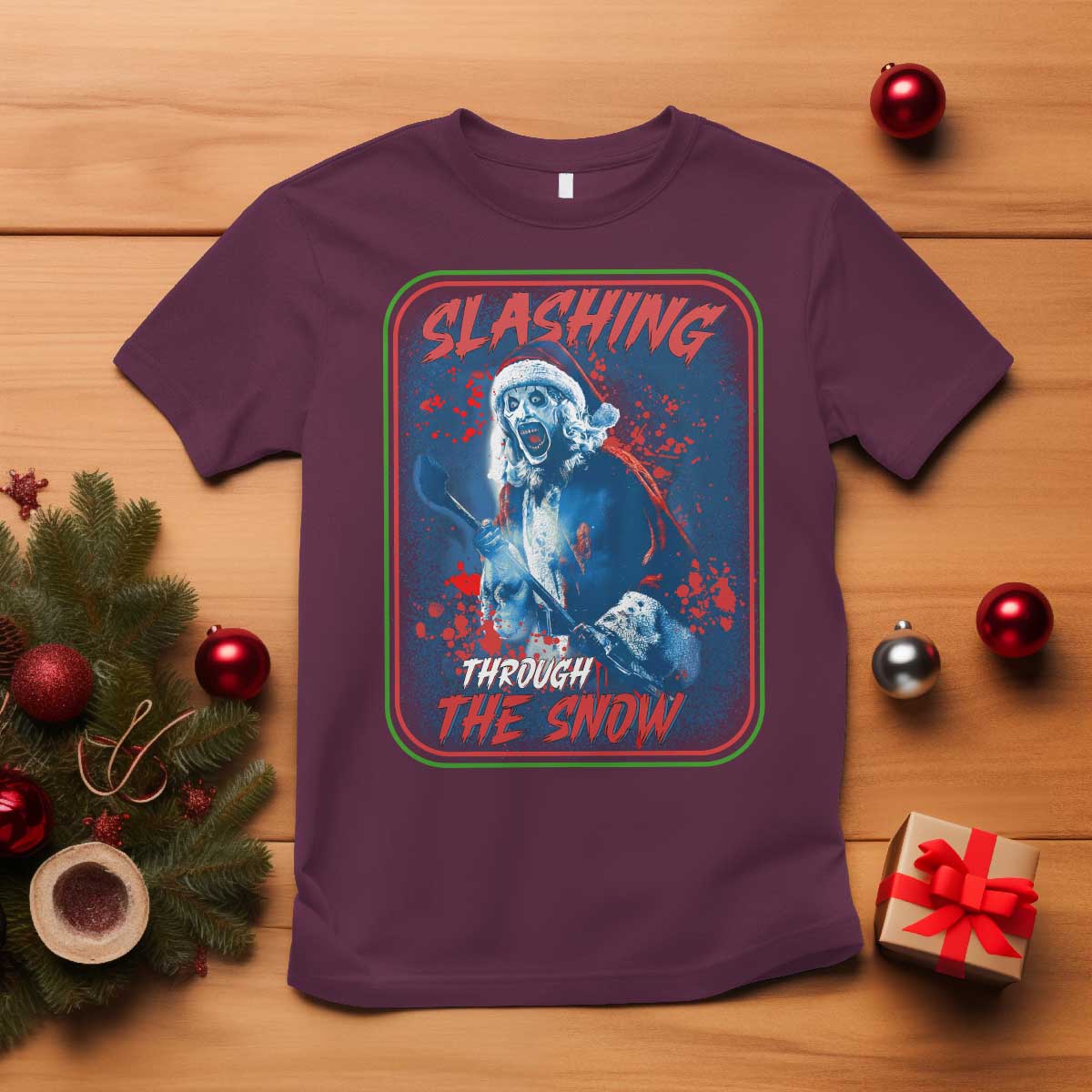 Terrifier Santa Christmas T Shirt Slashing Through The Snow TS14 Maroon Print Your Wear