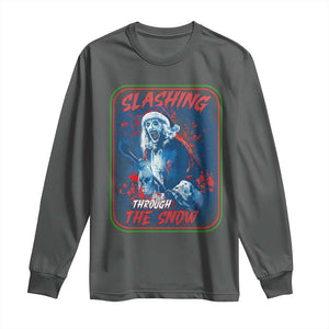 Terrifier Santa Christmas Long Sleeve Shirt Slashing Through The Snow TS14 Dark Heather Print Your Wear