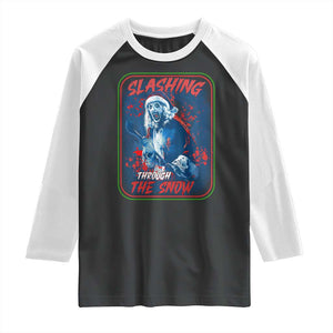 Terrifier Santa Christmas Raglan Shirt Slashing Through The Snow TS14 Black White Print Your Wear