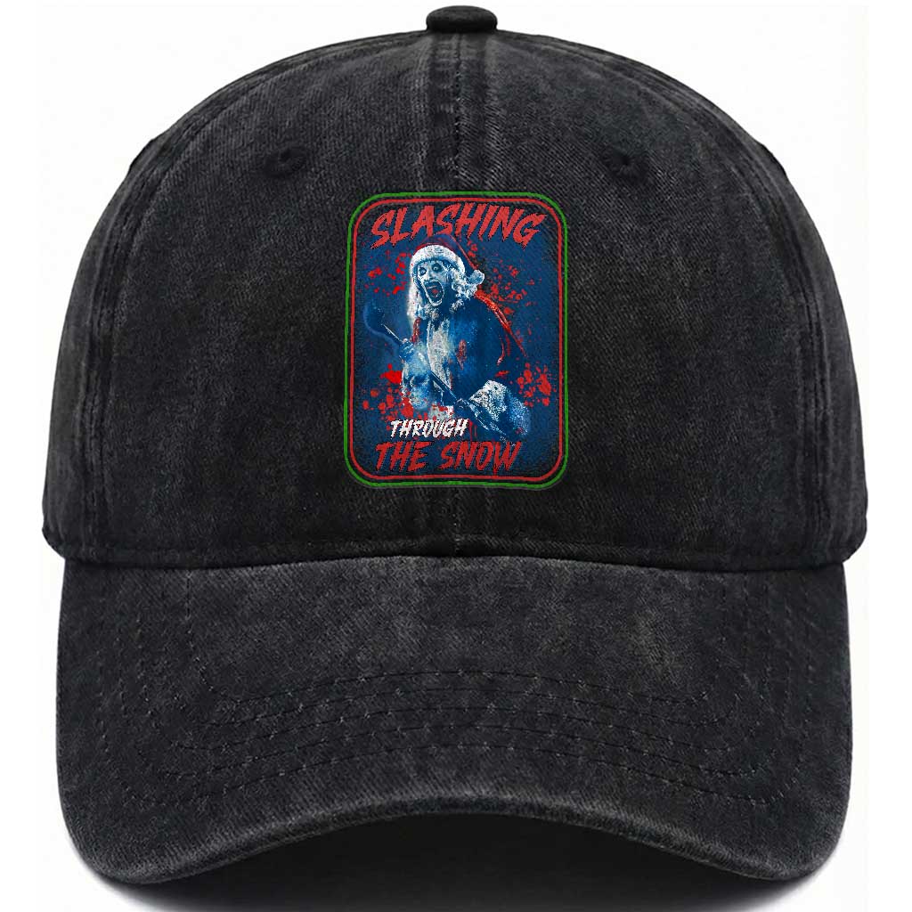 Terrifier Santa Christmas Washed Cotton Baseball Cap Slashing Through The Snow TS14 Washed Cap Universal Fit Black Print Your Wear