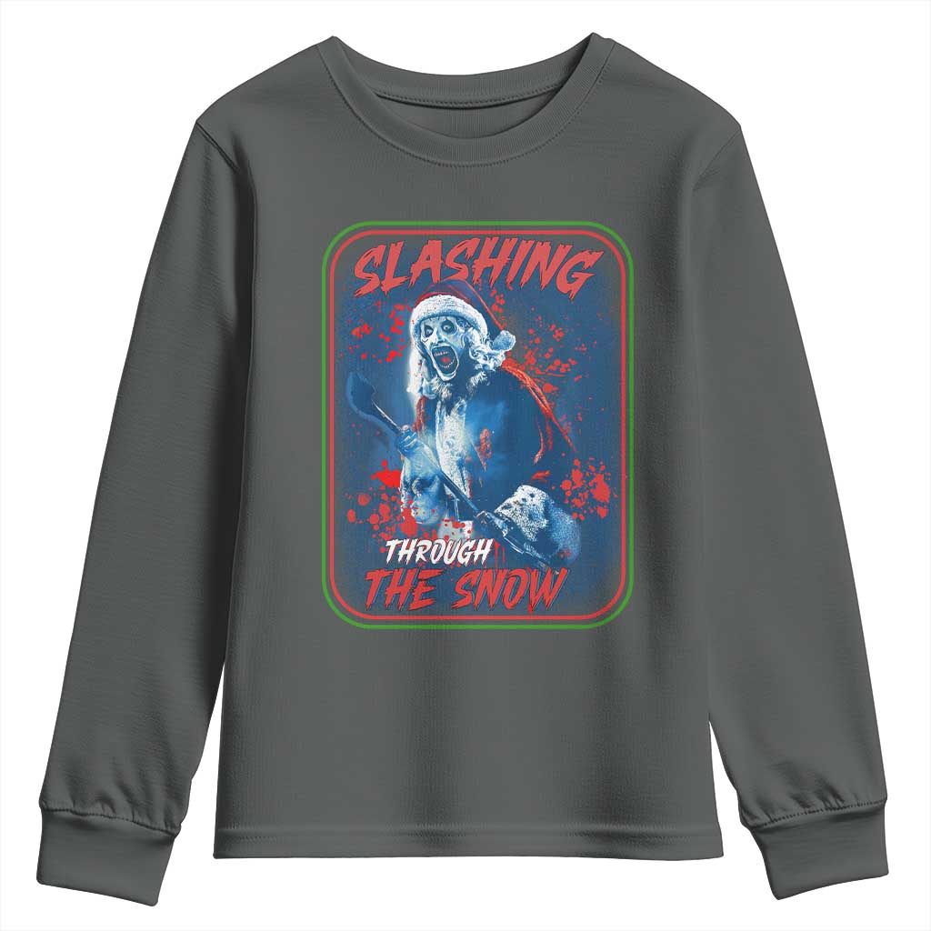 Terrifier Santa Christmas Youth Sweatshirt Slashing Through The Snow TS14 Dark Heather Print Your Wear