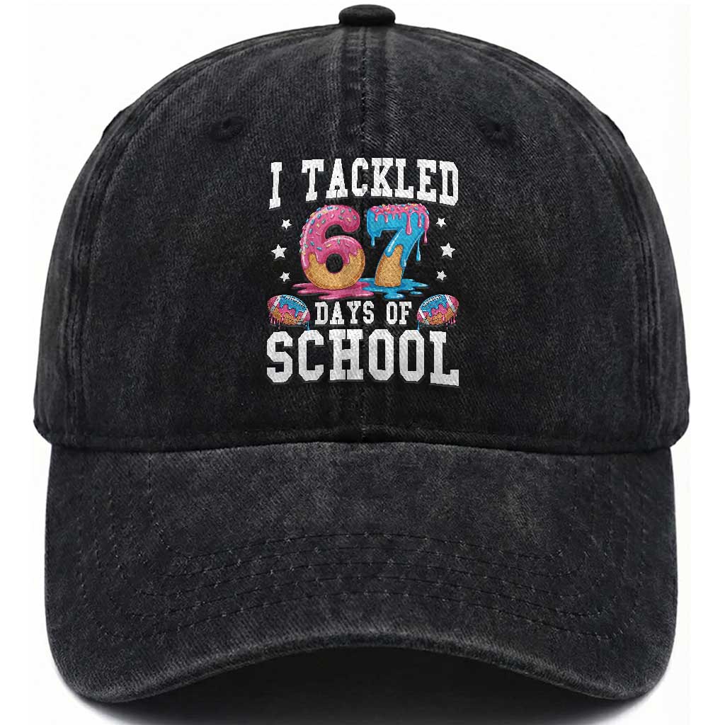 67 Days Of School Washed Cotton Baseball Cap Six Seven Sports American Football Ice Cream Drip TS14 Washed Cap Universal Fit Black Print Your Wear