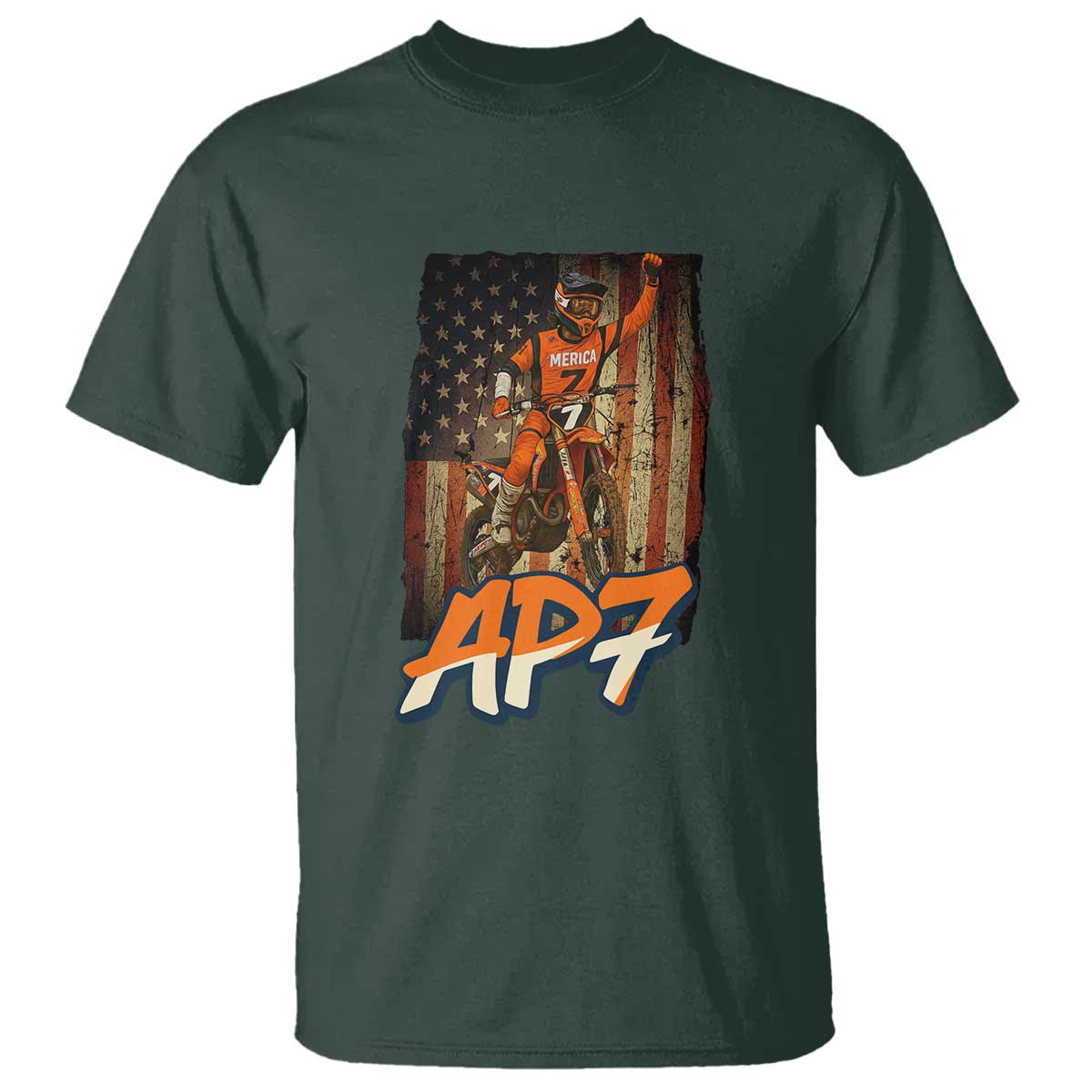 Dirt Bike American Flag T Shirt TS14 Dark Forest Green Print Your Wear