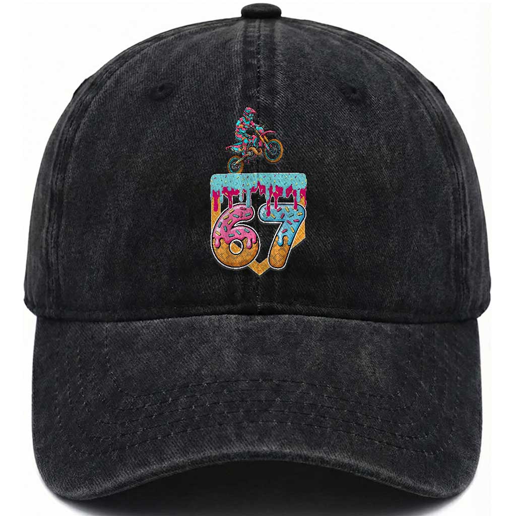 67 Six Seven Meme Washed Cotton Baseball Cap Funny Dirt Bike Motocross Ice Cream Drip TS14 Washed Cap Universal Fit Black Print Your Wear
