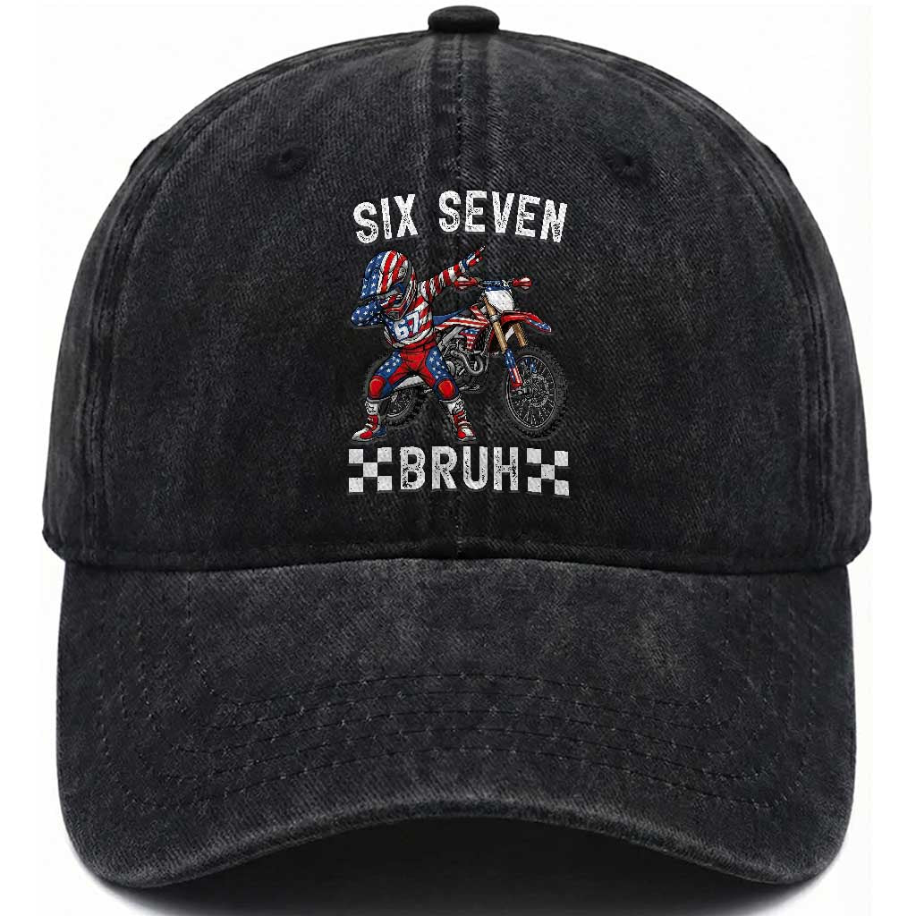67 Bruh Meme Washed Cotton Baseball Cap Funny Six Seven Dirt Bike Patriotic American Flag TS14 Washed Cap Universal Fit Black Print Your Wear