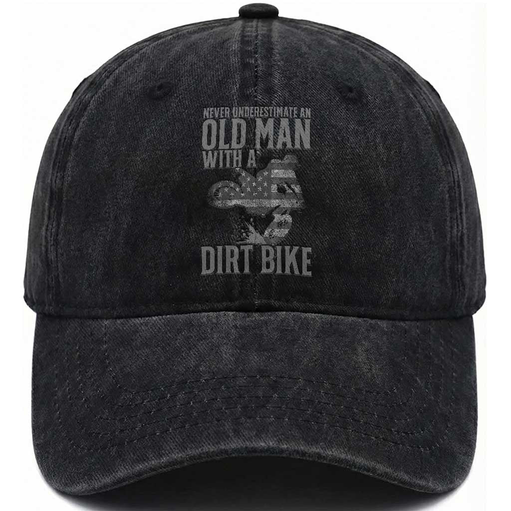 Funny Dirt Bike Motocross Washed Cotton Baseball Cap Never Underestimate An Old Man With A Dirt Bike Motocross TS14 Washed Cap Universal Fit Black Print Your Wear