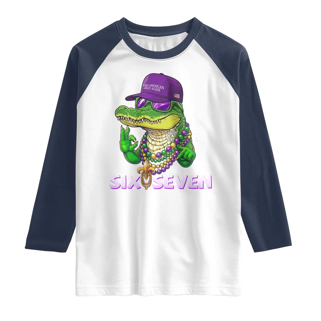 Mardi Gras Alligator Raglan Shirt Funny Six Seven MAGA Political Meme TS14 White Navy Print Your Wear