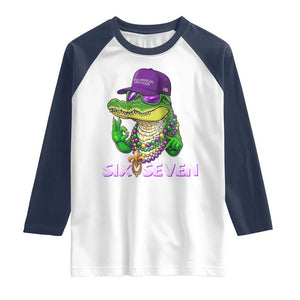 Mardi Gras Alligator Raglan Shirt Funny Six Seven MAGA Political Meme TS14 White Navy Print Your Wear