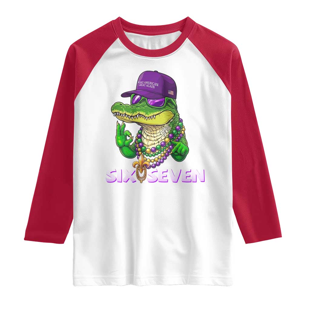 Mardi Gras Alligator Raglan Shirt Funny Six Seven MAGA Political Meme TS14 White Red Print Your Wear