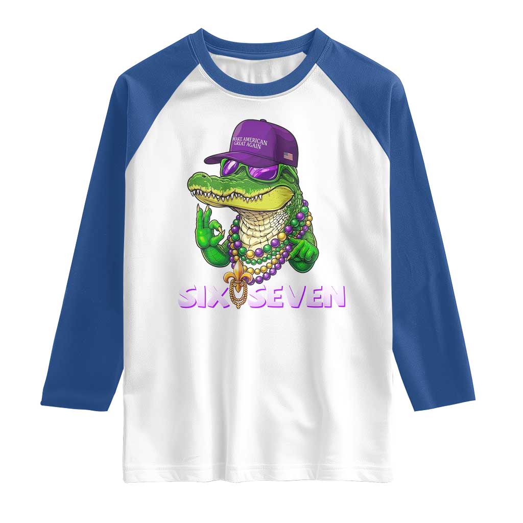 Mardi Gras Alligator Raglan Shirt Funny Six Seven MAGA Political Meme TS14 White Royal Print Your Wear