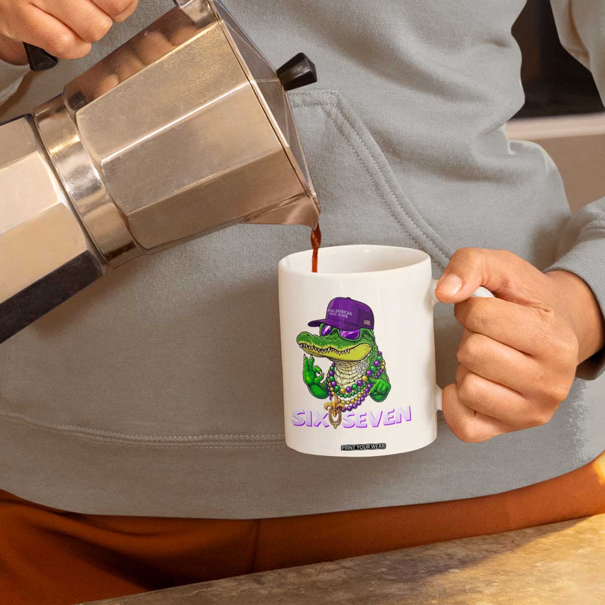 Mardi Gras Alligator Coffee Mug Funny Six Seven MAGA Political Meme TS14 Print Your Wear