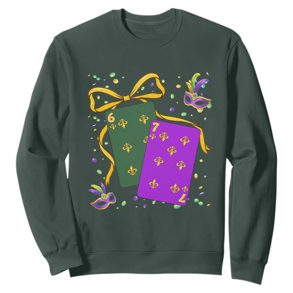 67 Mardi Gras Sweatshirt Funny Six Seven Playing Cards Meme TS14 Dark Forest Green Print Your Wear