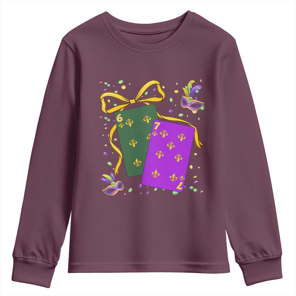67 Mardi Gras Youth Sweatshirt Funny Six Seven Playing Cards Meme TS14 Maroon Print Your Wear