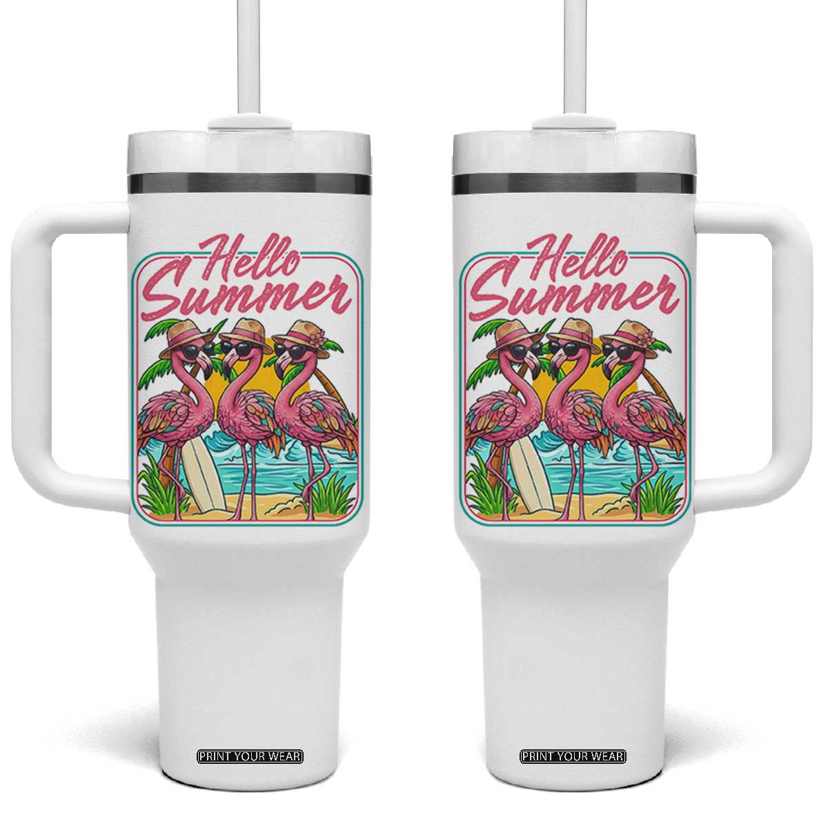 Summer Flamingo Pink Tumbler With Handle Tropical Palm Tree Beach Vacation TS14 One Size: 40 oz White Print Your Wear