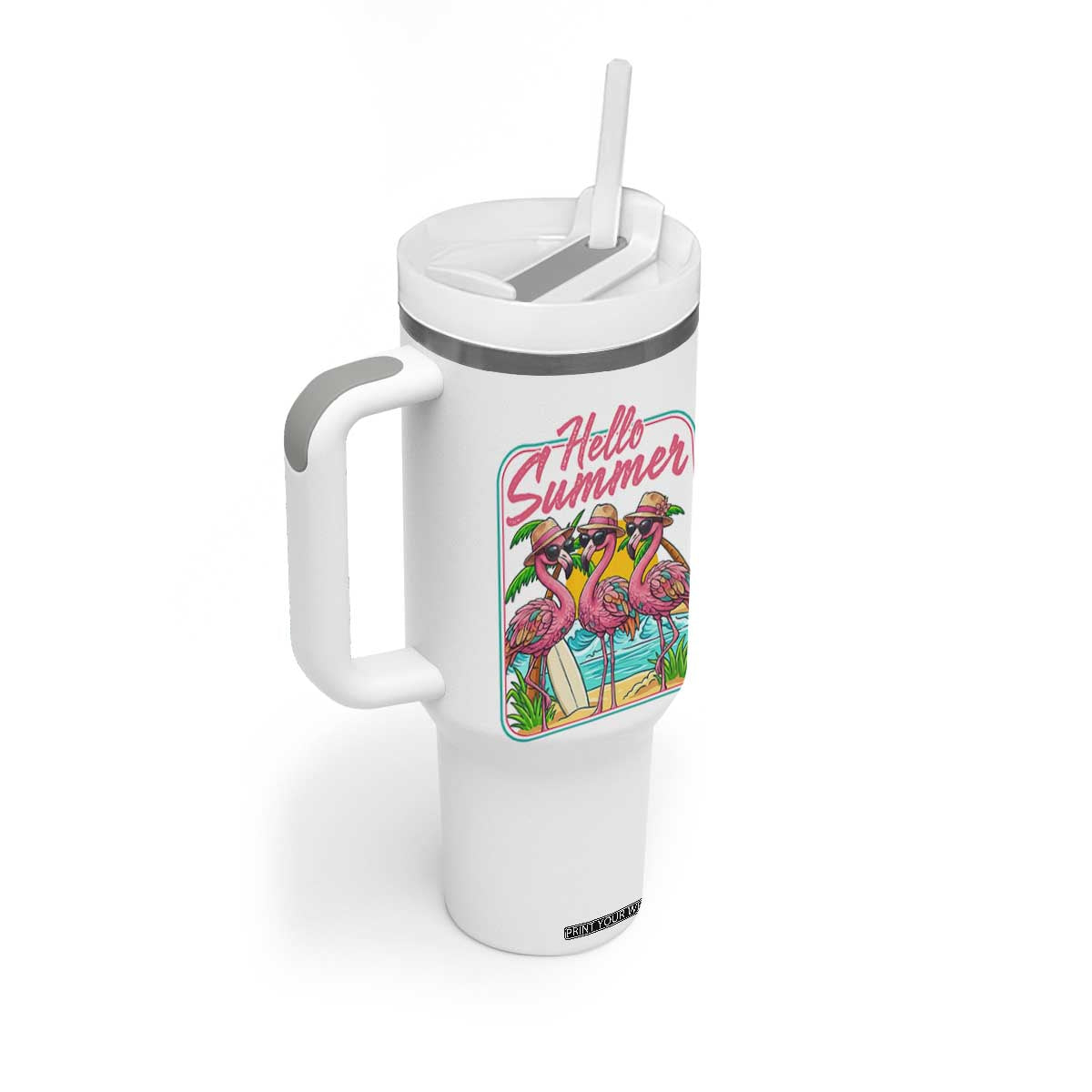 Summer Flamingo Pink Tumbler With Handle Tropical Palm Tree Beach Vacation TS14 Print Your Wear
