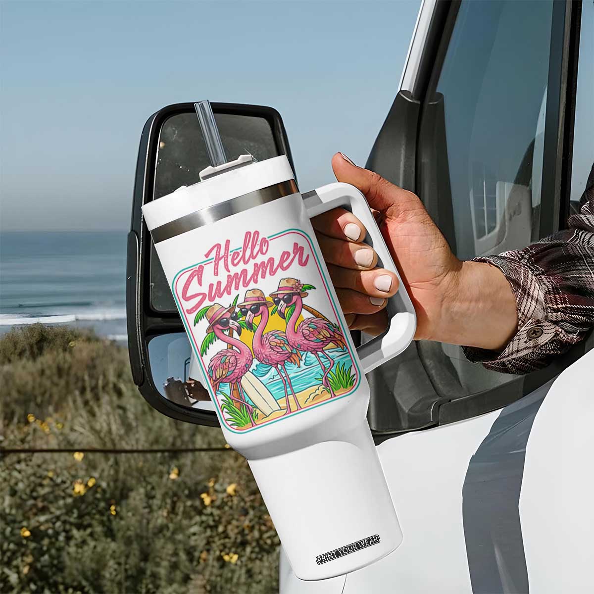 Summer Flamingo Pink Tumbler With Handle Tropical Palm Tree Beach Vacation TS14 Print Your Wear
