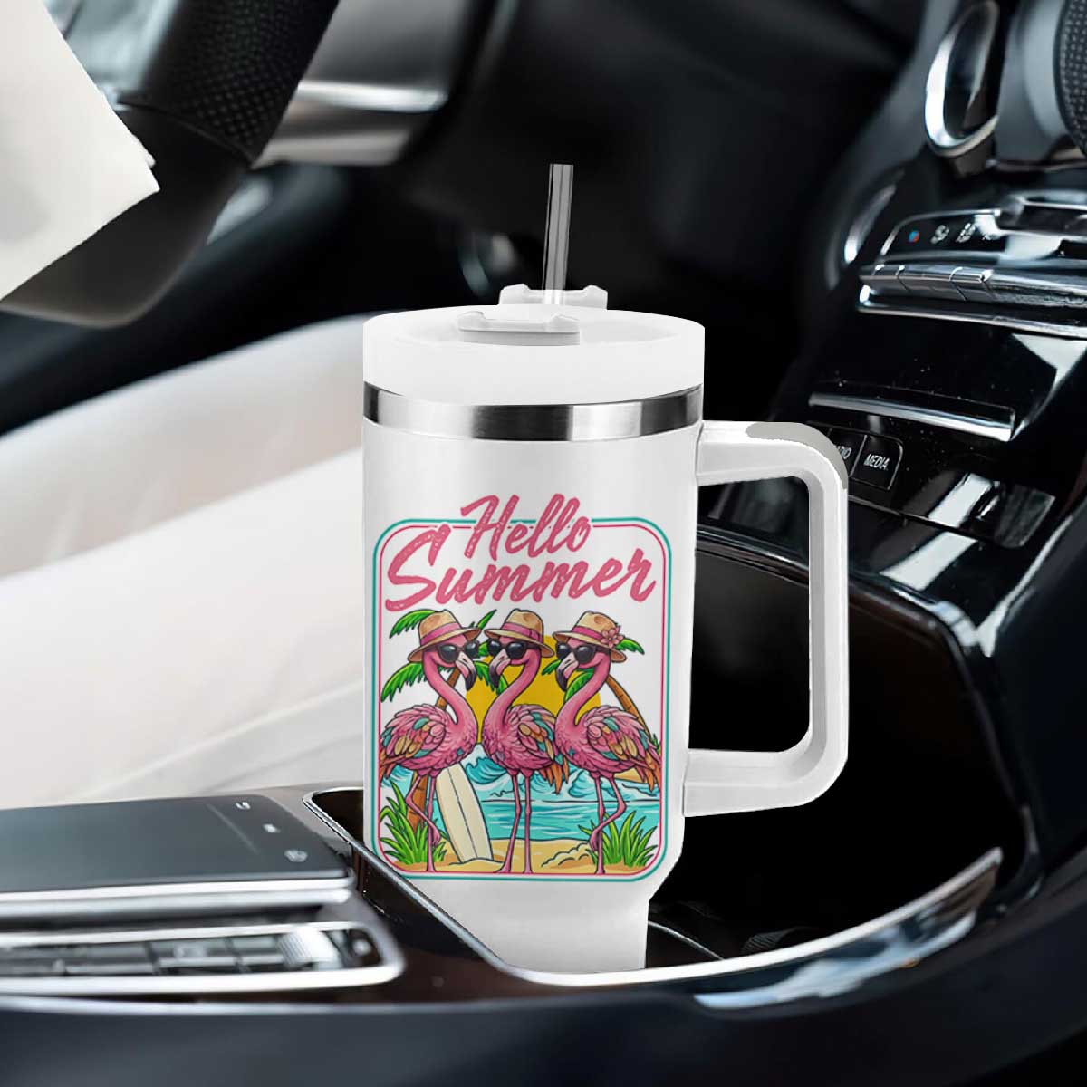 Summer Flamingo Pink Tumbler With Handle Tropical Palm Tree Beach Vacation TS14 Print Your Wear