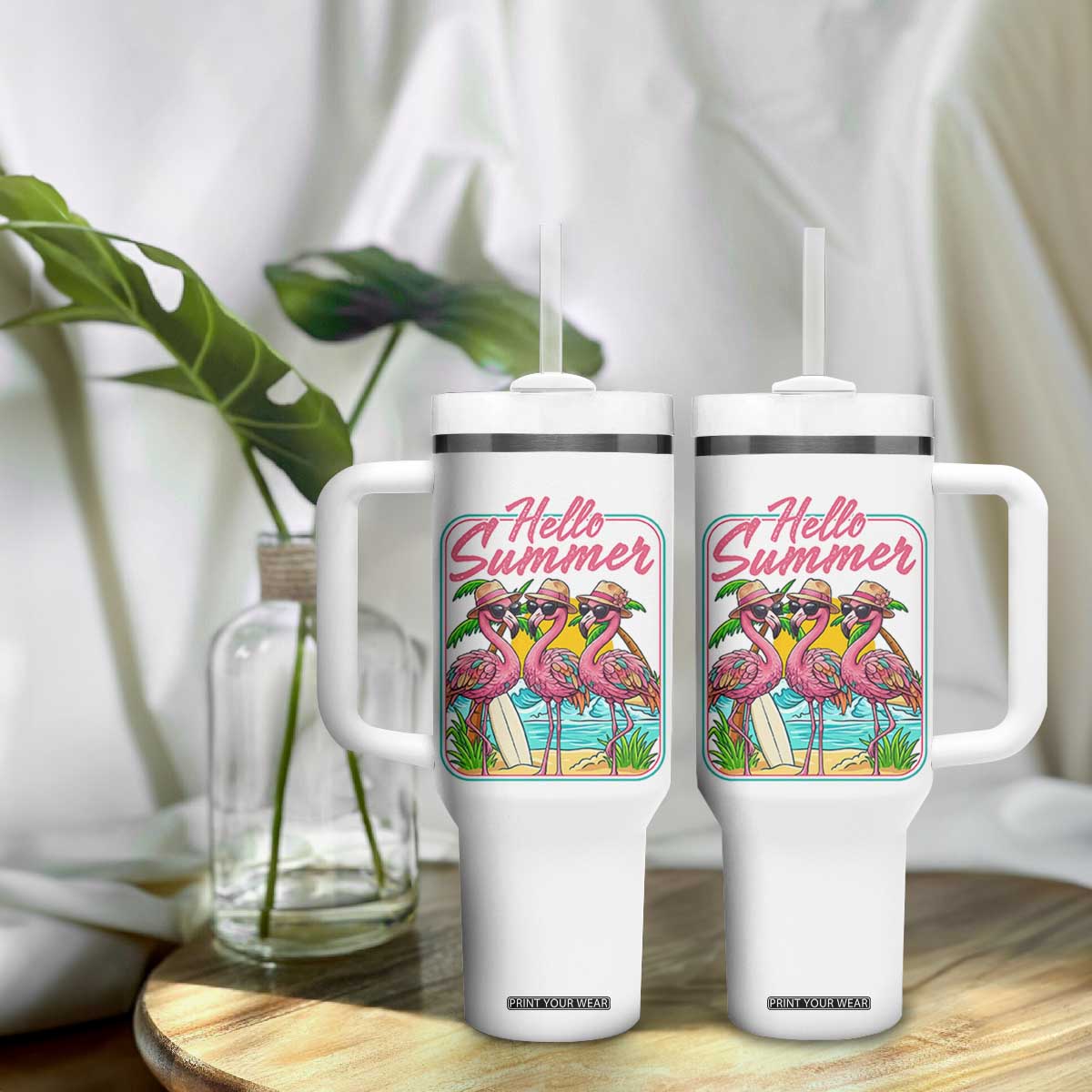 Summer Flamingo Pink Tumbler With Handle Tropical Palm Tree Beach Vacation TS14 Print Your Wear