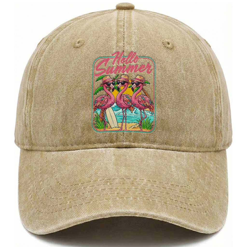 Summer Flamingo Pink Washed Cotton Baseball Cap Tropical Palm Tree Beach Vacation TS14 Print Your Wear
