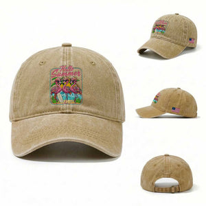Summer Flamingo Pink Washed Cotton Baseball Cap Tropical Palm Tree Beach Vacation TS14 Washed Cap Universal Fit Khaki Print Your Wear