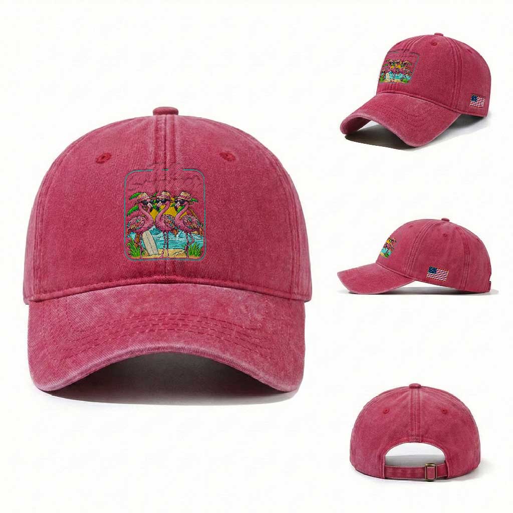 Summer Flamingo Pink Washed Cotton Baseball Cap Tropical Palm Tree Beach Vacation TS14 Washed Cap Universal Fit Red Print Your Wear