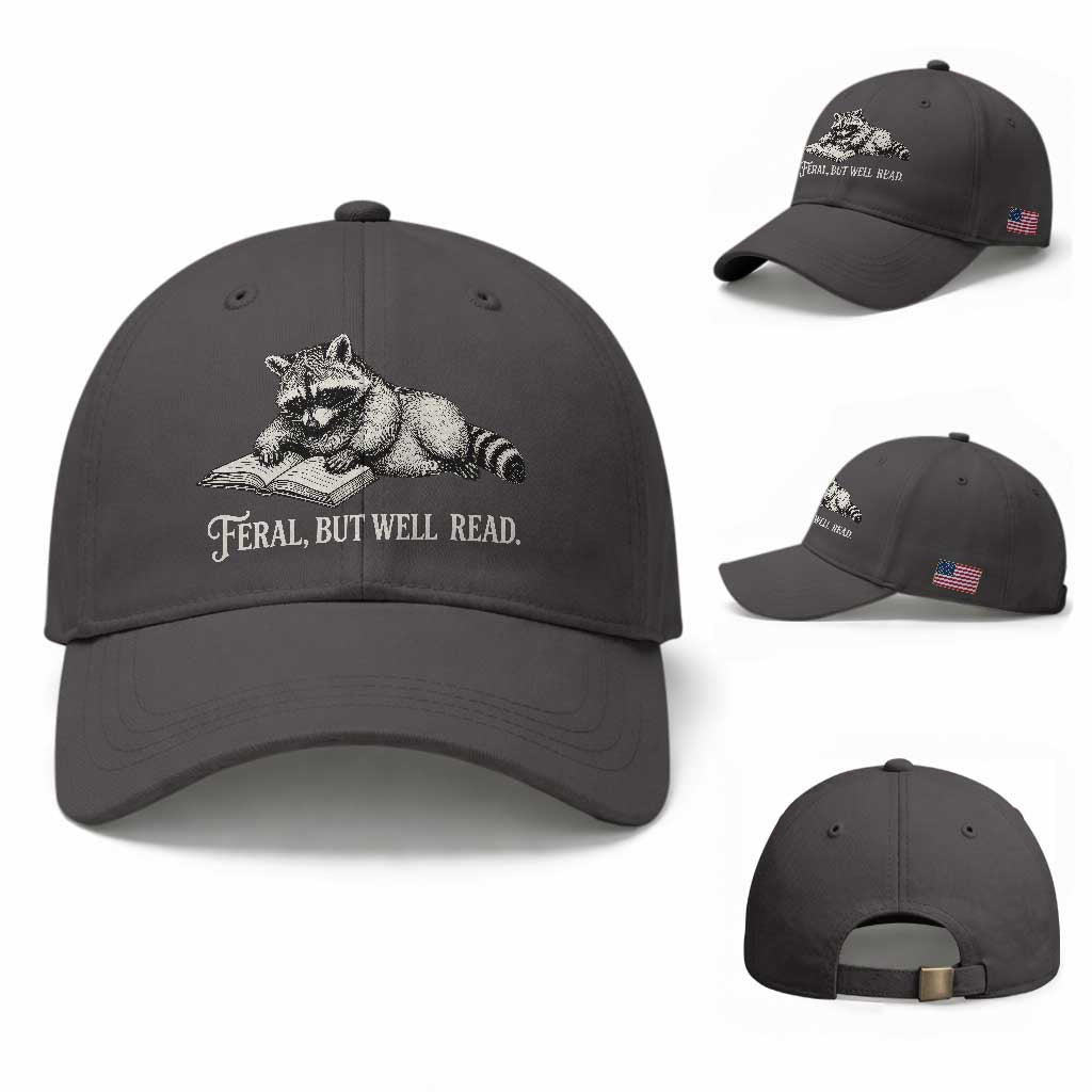 Feral But Well Read Baseball Cap Funny Raccoon Reading Book Lover TS14 Baseball Cap Universal Fit Dark Gray Print Your Wear
