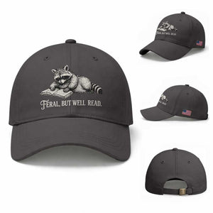 Feral But Well Read Baseball Cap Funny Raccoon Reading Book Lover TS14 Baseball Cap Universal Fit Dark Gray Print Your Wear