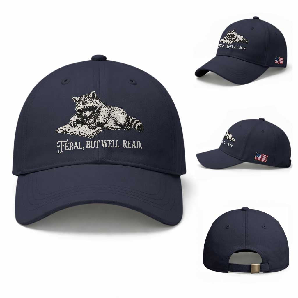 Feral But Well Read Baseball Cap Funny Raccoon Reading Book Lover TS14 Baseball Cap Universal Fit Navy Print Your Wear