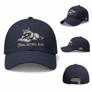 Feral But Well Read Baseball Cap Funny Raccoon Reading Book Lover TS14 Baseball Cap Universal Fit Navy Print Your Wear