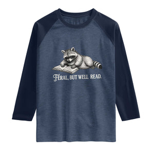 Feral But Well Read Raglan Shirt Funny Raccoon Reading Book Lover TS14 Heather Denim Navy Print Your Wear