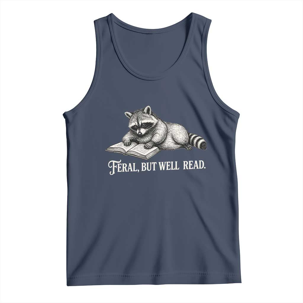 Feral But Well Read Tank Top Funny Raccoon Reading Book Lover TS14 Navy Print Your Wear