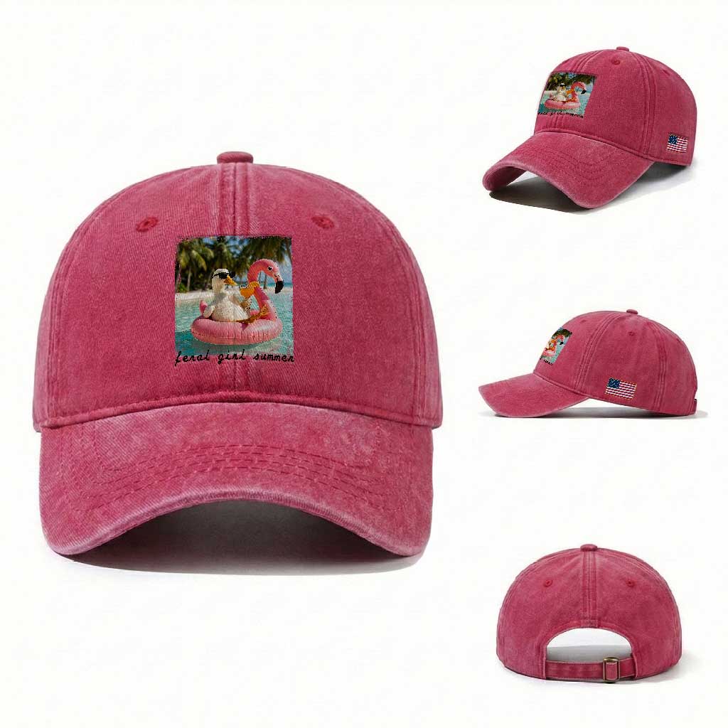 Feral Girl Summer Washed Cotton Baseball Cap Silly Goose Summer Beach Meme TS14 Washed Cap Universal Fit Red Print Your Wear