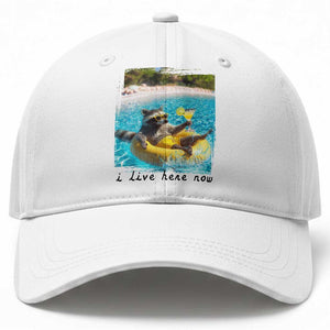 I Live Here Now Raccoon Baseball Cap Funny Summer Vacation Meme TS14 Print Your Wear
