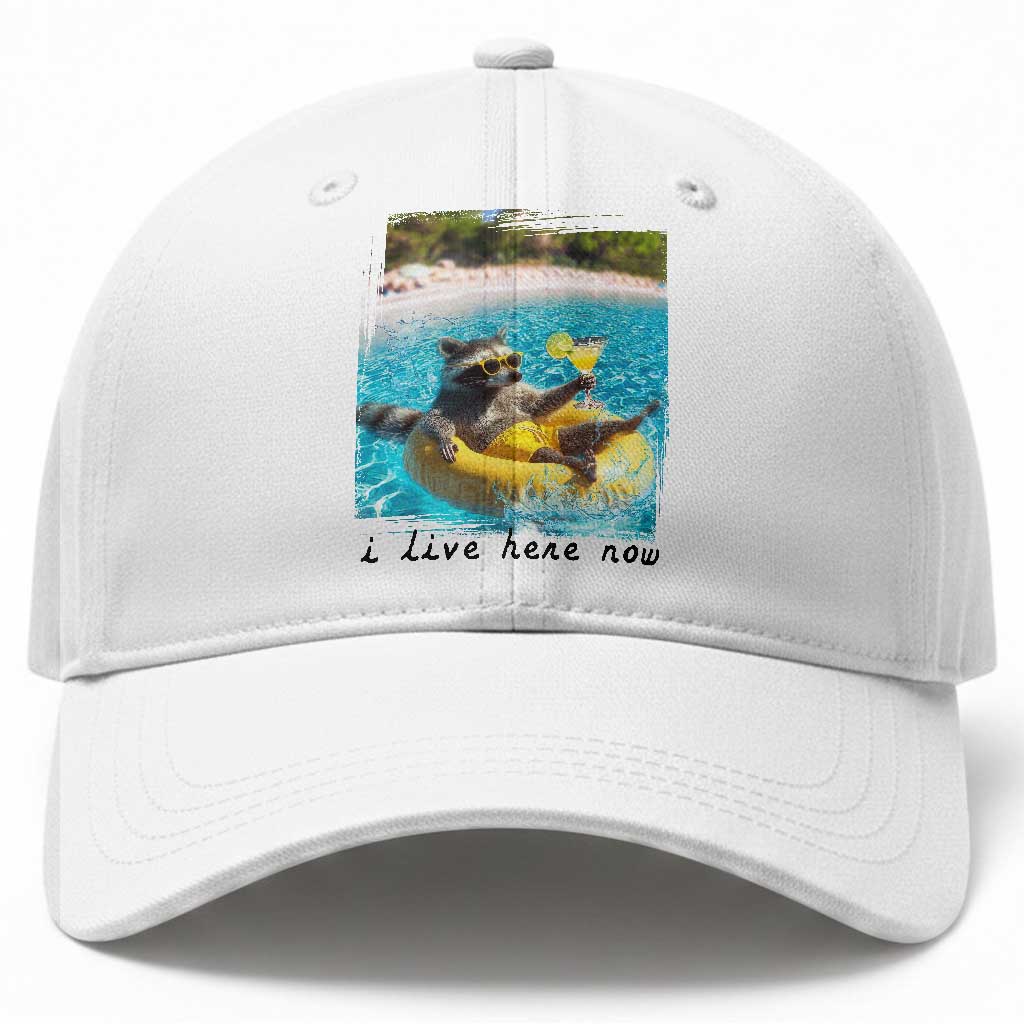 I Live Here Now Raccoon Baseball Cap Funny Summer Vacation Meme TS14 Print Your Wear