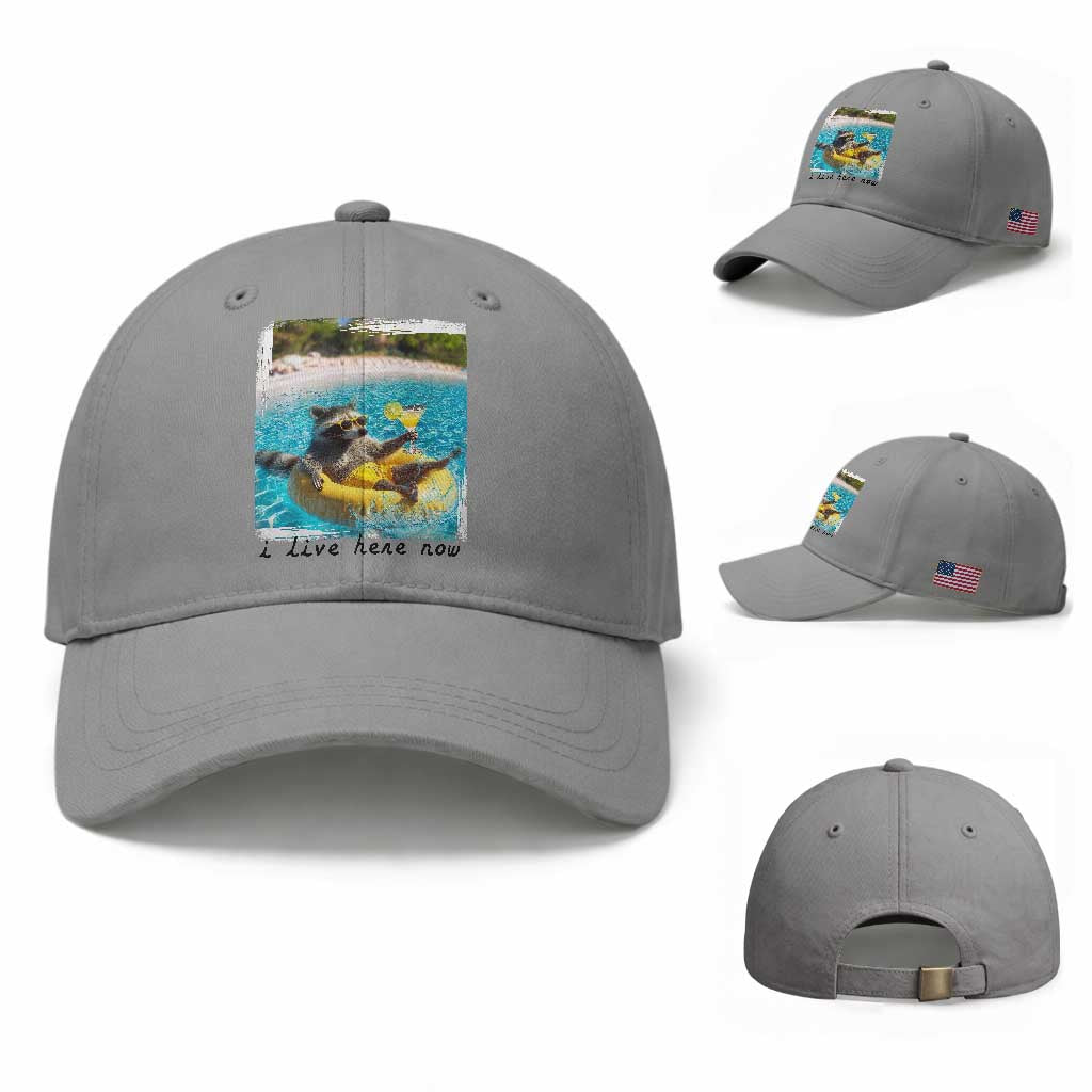 I Live Here Now Raccoon Baseball Cap Funny Summer Vacation Meme TS14 Baseball Cap Universal Fit Sport Gray Print Your Wear