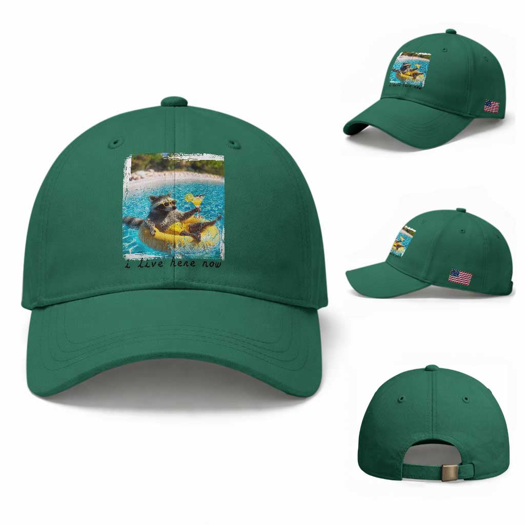 I Live Here Now Raccoon Baseball Cap Funny Summer Vacation Meme TS14 Baseball Cap Universal Fit Irish Green Print Your Wear