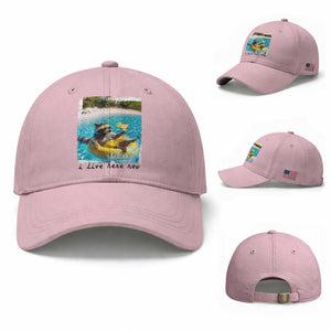 I Live Here Now Raccoon Baseball Cap Funny Summer Vacation Meme TS14 Baseball Cap Universal Fit Light Pink Print Your Wear