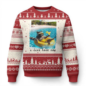 I Live Here Now Raccoon Ugly Christmas Sweater Funny Summer Vacation Meme TS14 Beige Red Print Your Wear