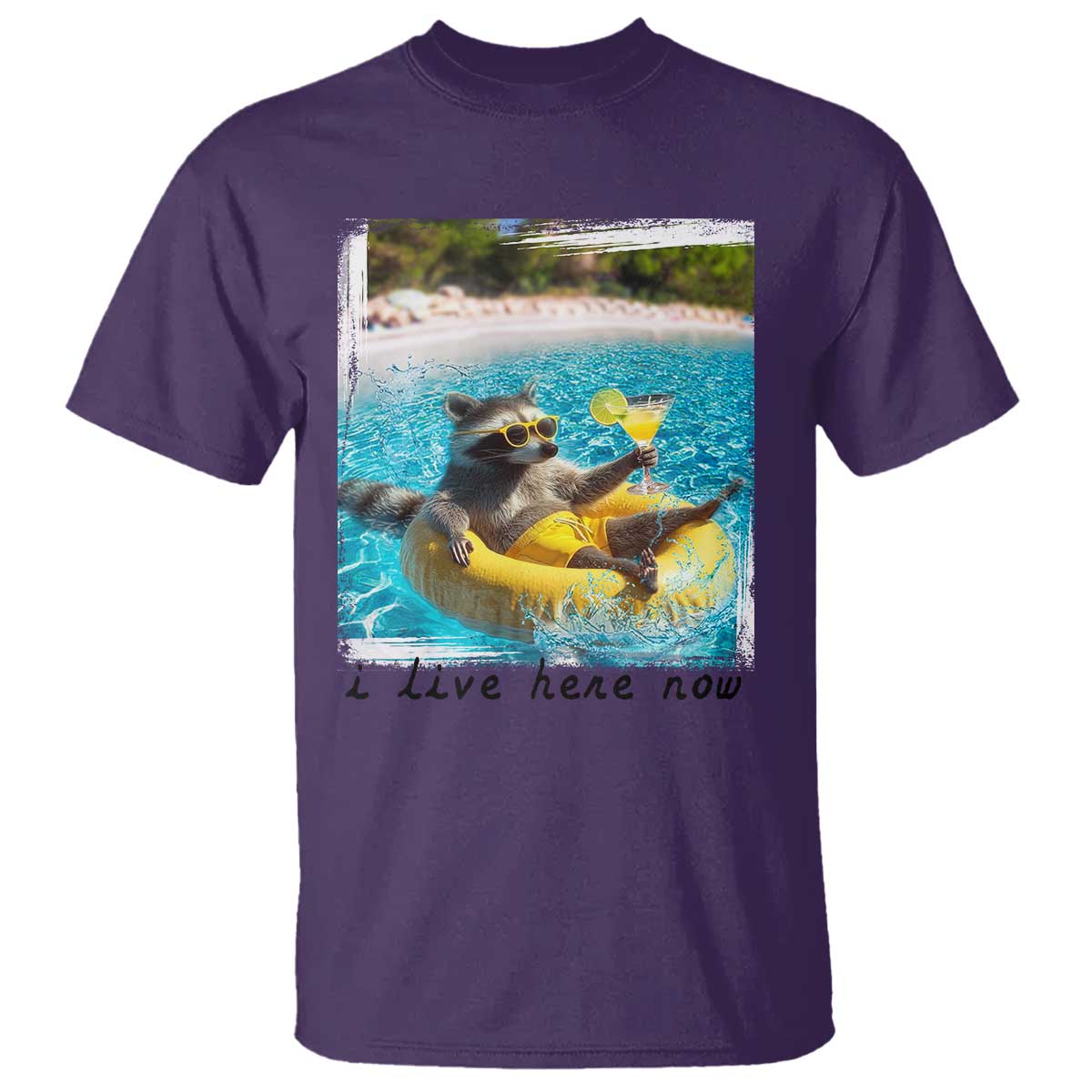 I Live Here Now Raccoon T Shirt Funny Summer Vacation Meme TS14 Purple Print Your Wear
